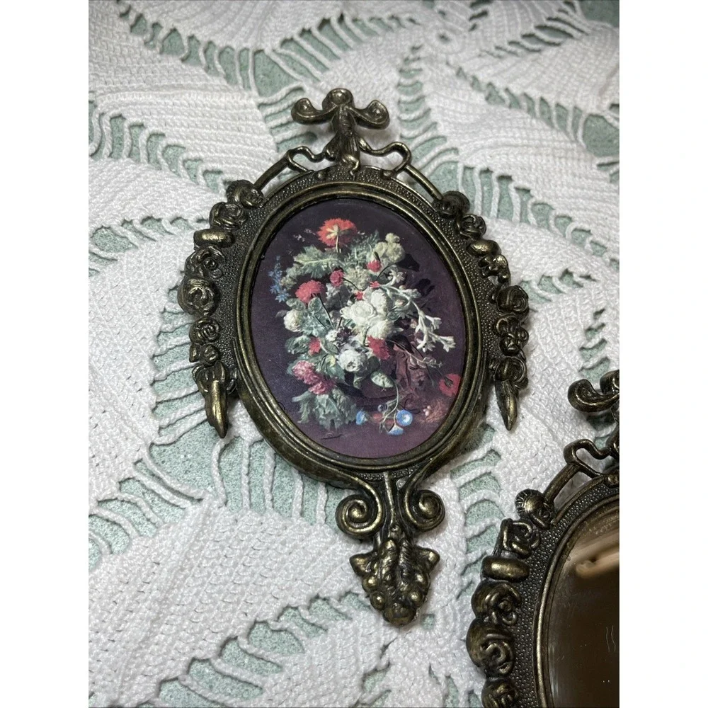 Vintage Victorian Brass Ornate Frames Floral Art and Mirrors Italy Set of 3